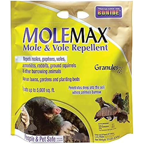 Bonide MOLEMAX Mole & Vole Repellent Granules, 10 lbs. Ready-to-Use, Outdoor Lawn & Garden Mole Control, People & Pet Safe
