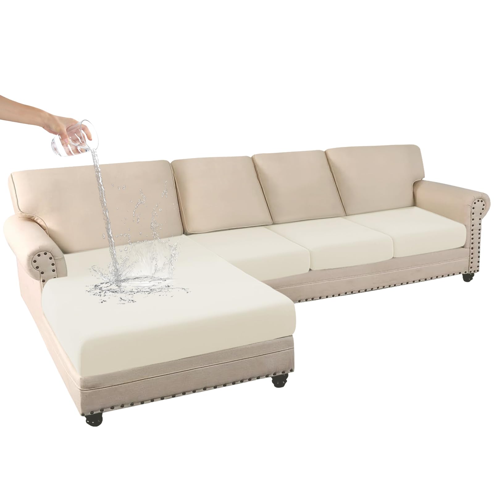 HDCAXKJ 100% Waterproof Sectional Couch Covers L Shape 4 Piece Stretch Individual Couch Cushion Covers for Sectional Sofa Cover L-Shaped Living Room Pet Dog Sofa Slipcovers Set (Ivory White, Large)