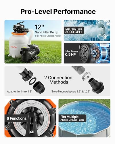 Image of VEVOR FlashPure Sand Filter Pump, 12 in for Above Ground Pool, 0.5 HP 3000 GPH, Swimming Pool Filter System with Timer, 6X Faster Filtration, Media Installed, Leak-Resistant, Ready to Use Out of Box | for Above Ground Pool, 3000 GPH Flow, 6X Faster Filtration, Leak-Resistant, Media Included Easy Installation, 24-Hour Timer