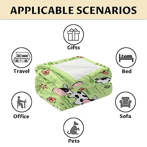Mercuryelf Cow Throw Blanket - Soft, Fuzzy & Warm - 50x60 Inches Flannel Blankets for Living Room, Sofa - Light Green Cute Throws Gift for Teens