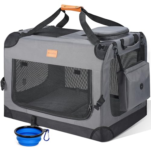Morpilot Grand Sac de Transport pour Chien et Chat – Cage de Voyage Pliable à côtés Souples pour Chien de 12 kg Maximum avec gamelle Pliable, bandoulière et Poches de Rangement, Gris,M