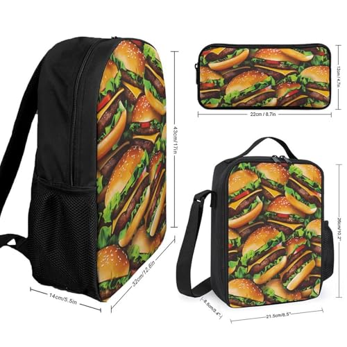 Cheeseburgers Hamburgers Print Backpack Sets with Lunch Bag and Pencil Case Casual 17 Inch Daypack Set for Men and Women2