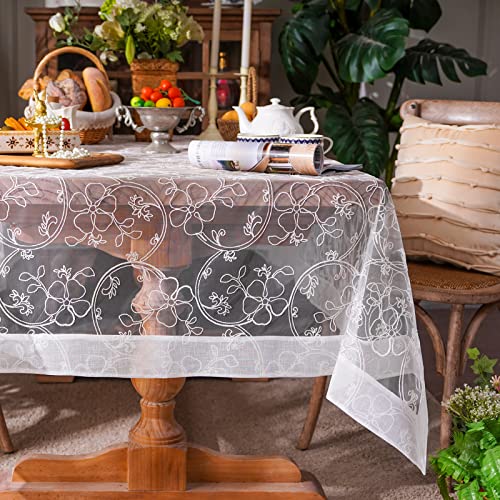 Artable White Wedding Lace Tablecloth Organza Hem Small Square Rectangle Vintage Hallowed Embroidery Tablecloths For Home Outdoor Party Fall Table Decorations (White, 60 X 84 Inch) #TOP20