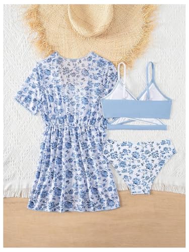 Milumia Girl's 3 Piece Swimwear Floral Print Criss Cross Bikini Set with Cover Ups2