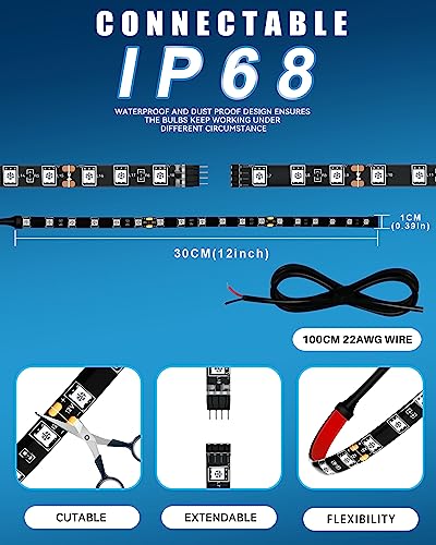 12V Led Light Strip 12" Connectable Red Led Strip Lights For Cars Motorcycle Golf Cart Boat Marine Waterproof Car Led Strip, 4Pack #TOP1