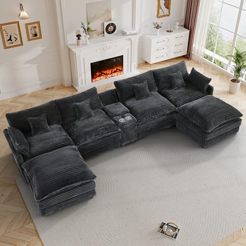 Image of 145 inch Oversized U Shaped Modular Sectional Sofa with Ottoman, Comfy Fluffy Soft Corduroy, Large Cloud Couch with USB Port, Cup Holder and Storage Central Console for Living Room, Deep Grey