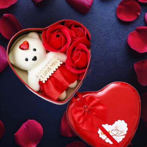 DRYPHON Plastic Teddy Bear with Rose Flower Valentine's Day for Girlfriend | Valentine Gift for Girlfriend, Boyfriend | Teddy and Rose Combo Gift for Valentine Day, Anniversary (Teddy with Rose)