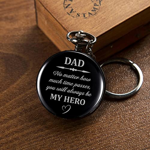 Image of Vintage Gandhi Style Pocket Watch with Engraved Designs & Messages Royal Black Analog for Men Women & Kids Includes Key Ring for car or Bike Keys Ideal Gift