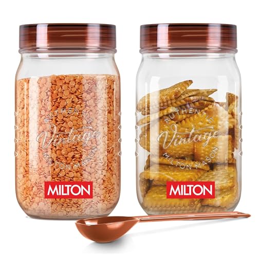 Milton Vintage Airtight Containers with Spoons for Kitchen Storage Food Grade Plastic, Stackable & Transparent Organizer Jars, Masala Dabba, Set of 2 (2 Litres each) for Tea, Coffee, Sugar, Dry Fruits