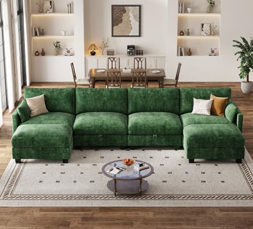 Image of Modular Sectional Sofa, 132 inch U Shaped Couch with Storage | High Resilience Foam, 22 inch Seat Depth, Movable Ottoman, Comfy Chenille, Easy Assembly, Green