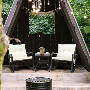Kozyard 3 Piece Outdoor Rocking Chairs Patio Bistro Set with Coffee Table and Cushions Patio Wicker Rocking Chair Furniture Set for Garden Porch Backyard Bistro