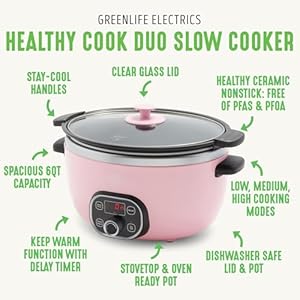GreenLife 6 Quart Ceramic Slow Cooker, PFAS-Free, Programmable, Removable Healthy Nonstick Pot for Family Meals, Sear on Stovetop, Keep Warm, Digital Timer, Dishwasher Safe Glass Lid & Crock, Pink GreenLife 6 Quart Ceramic Slow Cooker PFAS Free Programmable Removable Healthy Nonstick Pot for Family Meals Sear on Stovetop Keep Warm Digital Timer Dishwasher Safe Glass Lid Crock Pink