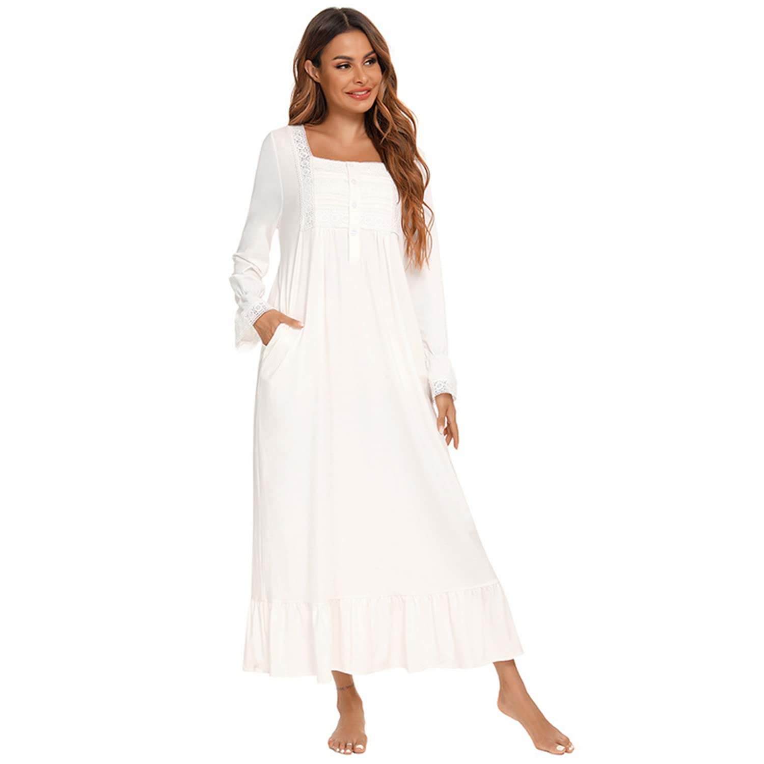Verve Jelly Chemise de nuit vintage victorienne à manches longues pour femme, robe pyjama légère et douce