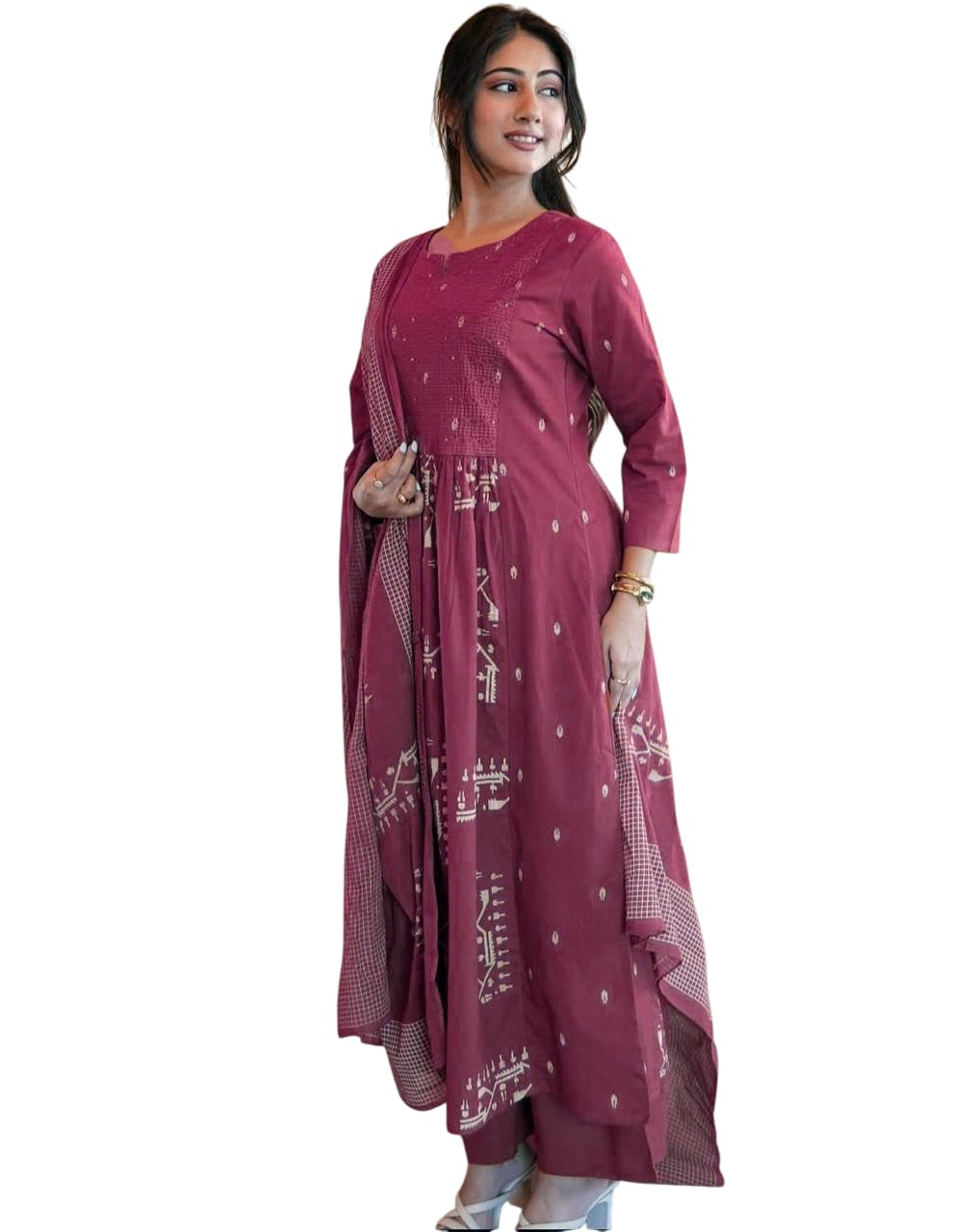 Vistora Global Women's Cotton Embroidered Work Anarkali Kurti With Pant and Dupatta Set (Magenta)-picture-19