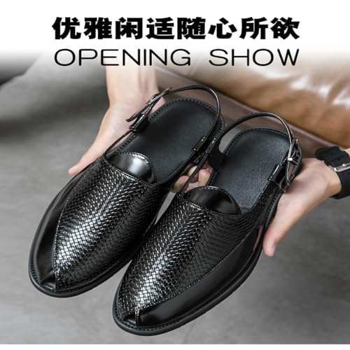 Men's Patchwork Leather Closed-toe Sandals with Adjustable Buckle Anti-slip Breathable Pointed-toe Block-heel Slippers for Business Walking Driving Office Dress Shoes3