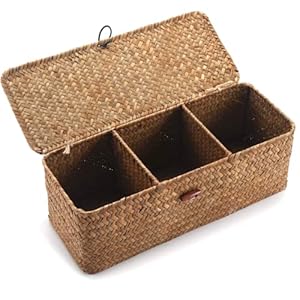 DOKOT Woven Seagrass Wicker Rattan Storage Basket with Lid, Rectangular Bin with Grid Home Organizer,