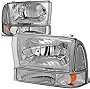 4Pcs Chrome/Amber Corner Headlights+Bumper Lamps Compatible with Ford F-250 F-350 F-450 F-550 Super Duty Excusion 99-04
