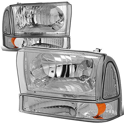 4Pcs Chrome/Amber Corner Headlights+Bumper Lamps Compatible with Ford F-250 F-350 F-450 F-550 Super Duty Excusion 99-04