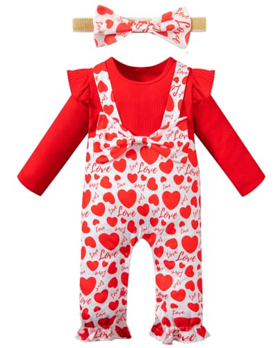 Baby Girl Valentines Outfit Ruffle Long Sleeve Romper Red Heart Print Jumpsuit with Headband (18-24 Months)