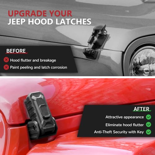 Image of Locking Hood Latch with Keys, Jeep Hood Latch for 2007-2017 Jeep Wrangler JK /JKU, Anti-Theft Hood Lock Catch Latch Accessories, Dust & Water Resistant, 100% Exclusive Development for Jeep JK, 1 Pair