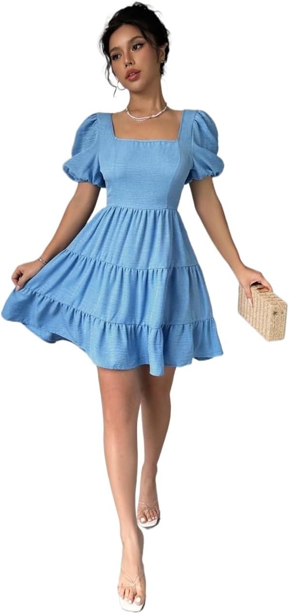 未使用タグ付✨Uhr Puff Sleeve Back Open Dress Amazon.com: Women's Dresses Puff Sleeve Tied Open Back Dress