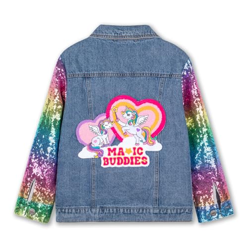 WELAKEN Unicorn Jean Jacket for Girls Kids & Toddler with Sparkly Sleeve, Girls' Spring Outfit Denim Jackets Outerwear