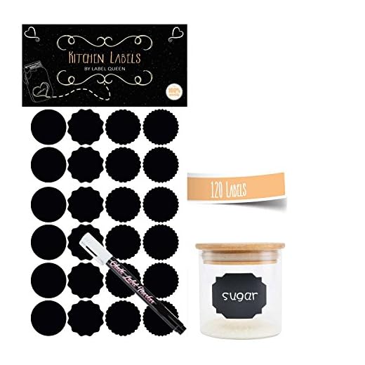 Label Queen-120 köksetiketter för glasburkar i matt svart skrivbar, svarta tavlan-etiketter för kryddor och syltburkar I 5 ark med 24 runda klibbiga etiketter 4,5 cm 4,5 cm I med 1 vit krittmarkör