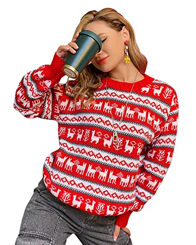 Fashionme Ugly Christmas Xmas Sweaters for Women, Naughty Funny Ugly Christmas Sweater Jumper Pullover Tops Shirts Crewneck Warm Soft Couple Matching Reindeer Print