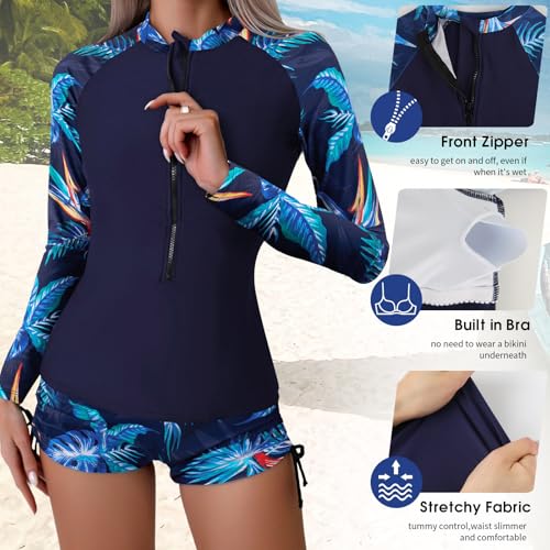 SHAPERIN Women's Long Sleeve Rash Guard UV UPF 50+ Surfing Swim Shirt 2 Piece Swimsuits Bathing Suit with Boyshort Bottom Navy L — view 4