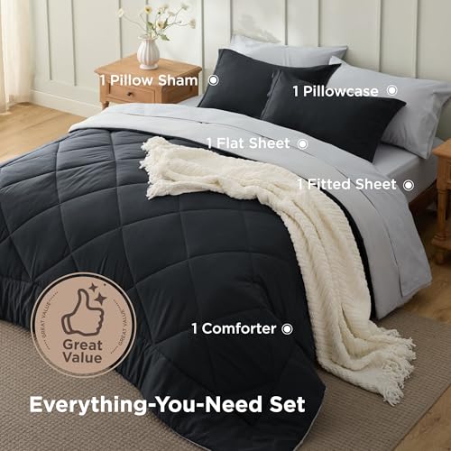 Image of Bedsure Twin Comforter Set - 5 Pieces Reversible Black Bedding, Twin Size Bed Set for All Seasons, Bed in a Bag with Down Alternative Comforter, Sheets, Pillowcase & Sham