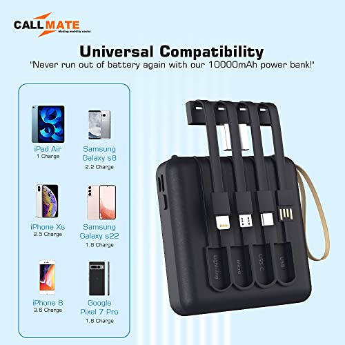 Image of Callmate 10000mAh Power Bank, 15W Fast Charging| Buit-in 3-in-1 Cables | 4 Output Ports and 2 Input | Digital Display | LED Torch| for i-Phone, Smartphones & Other Devices (Black, Lithium Polymer)