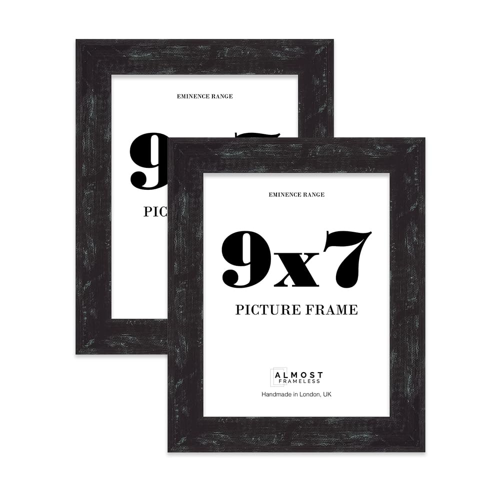 9x7" Distressed Black Picture Frame - Rustic Wood Industrial Effect Photo Frame for Wall Display, Ideal for Posters, Prints & Home Décor, Wall Hooks and Kickstand, 32mm Edge - 2 Pack