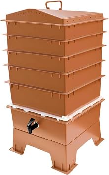 Original Vermihut 5 Tray Worm Composter, Sustainable Design for Both Indoor & Outdoor, Worm Compost Bin for Vermicomposting Starter, Recycling Food Wastes (Terracotta)