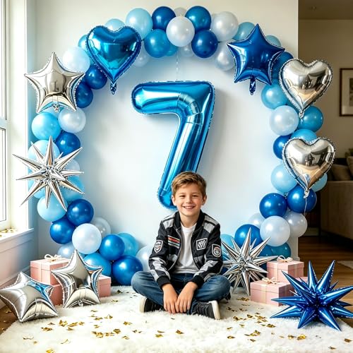 Image of TONIFUL 7th Birthday Balloons Kit 40 Inch Blue Large Number 7 Foil Balloon