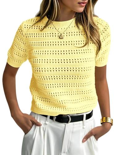 Image of Saodimallsu Womens Short Sleeve Crochet Sweaters Summer Boho Pullover Tops