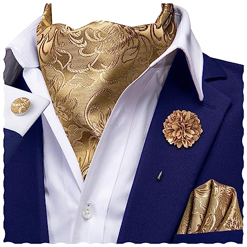 Hi-Tie Ascot Lapel Pin Set Mens Cravat Ties for men Wedding Scarf Tie Party Business Formal Tuxedo,Gold Khaki Floral