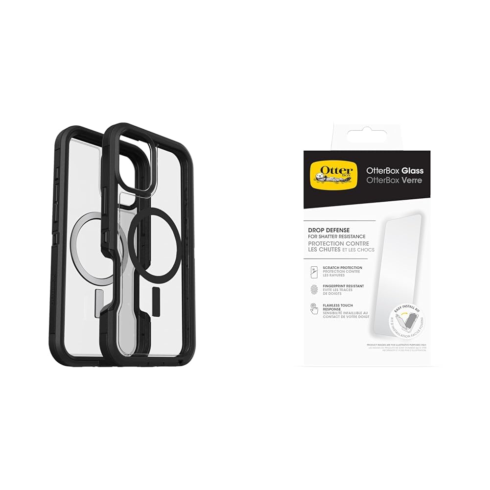 OtterBox Coque Defender XT MagSafe pour iPhone 16 Plus, Antichoc, Anti-Chute, Robuste, Transparent/Noir, Livré sans Emballage avec Protection d'écran en Verre Premium