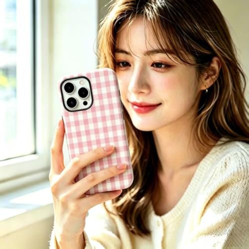Image of for iPhone 13 /14 Case Cute Phone Case,Compatible with MagSafe,Dual Layer Shockproof Protective Phone Cover,Hard Shell + Silicone Cover,Fashion Design for Women Girls,Pink and White Plaid