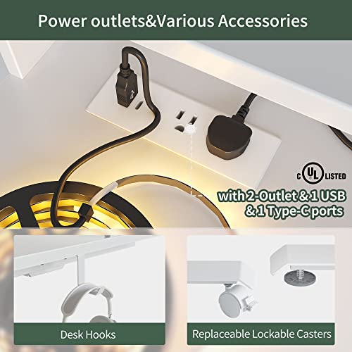 Image of FEZIBO L Shaped Standing Desk with Arc LED & Power Outlet, Exclusive Uprated 3 Motors Support 330LB, Electric Height Adjustable L Shaped Desk with Large Monitor Stand, for Home Office, White