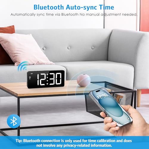 AMIR Alarm Clocks for Bedrooms - Bluetooth Sync Time Alarm Clock, Digital Clock Large Display with USB Charging Port, Dimmable, Adjustable Volume, Snooze, 12/24H, Loud Alarm for Heavy Sleepers - Image 2