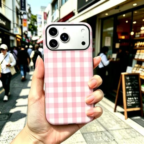 Image of for iPhone 17Pro Case Cute Phone Case,Compatible with MagSafe,Dual Layer Shockproof Protective Phone Cover,Hard Shell + Silicone Cover,Fashion Design for Women Girls,Pink and White Plaid
