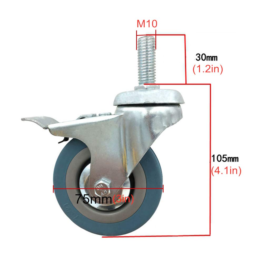 Ruote girevoli da 3" 75 mm Ruote girevoli per carichi Pesanti Ruote mobili Carrello in Gomma, Girevole di Ricambio, Gambo filettato Alto 30 mm, capacità di carico 90 kg, 4 pezzi/Freno/M10