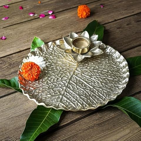 BEHOMA Metal Lotus Tray with Tea-Light Holder for Home Decor || Round Pooja Thali for Tample, Center Table Decoration, Festival || Gold, Large 1 PC Dia: 25.5Cm. Cover