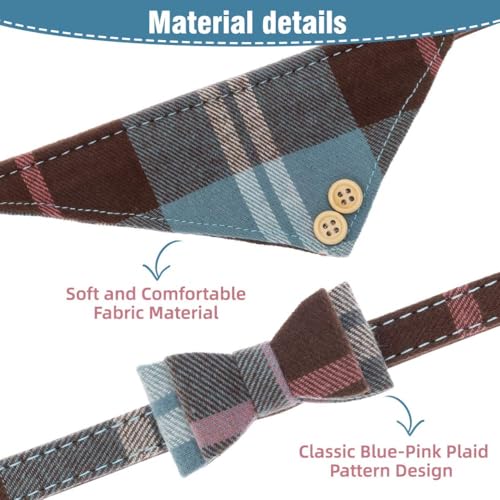 Image of EXPAWLORER Dog Leash and Collar Set - Cute Plaid Dog Bow Tie and Dog Bandana Collar, Dog Leash Tangle Free, Adjustable Collars for Small Medium Large Dogs, Holiday Ideal Gift, Blue M