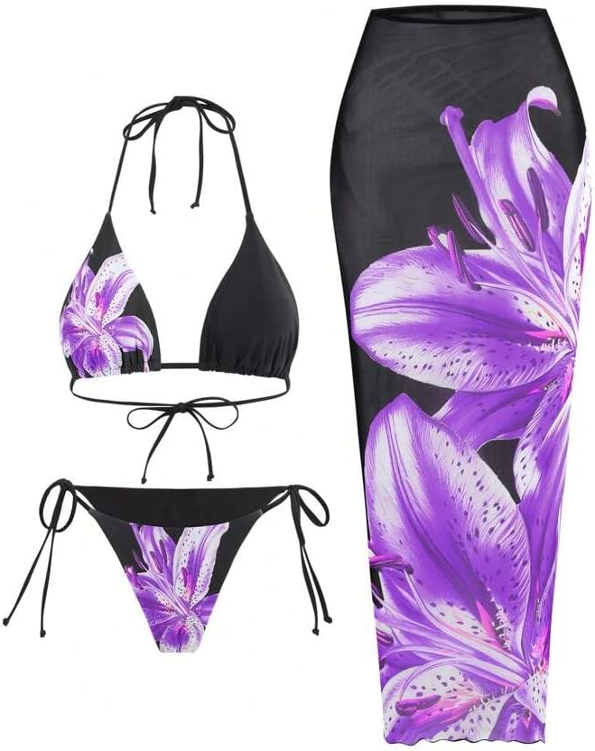 ZAFUL Womens 3pcs Swimsuit Floral Halter Triangle Bikini Top Tie Side Bottom with Long Sheer Cover Up Skirt