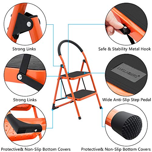 Luisladders 2 Step Ladder Anti-Slip Folding Stool Sturdy Steel Ladder 330lbs EN131 Lightweight with Handgrip Anti-Slip and Wide Pedal
