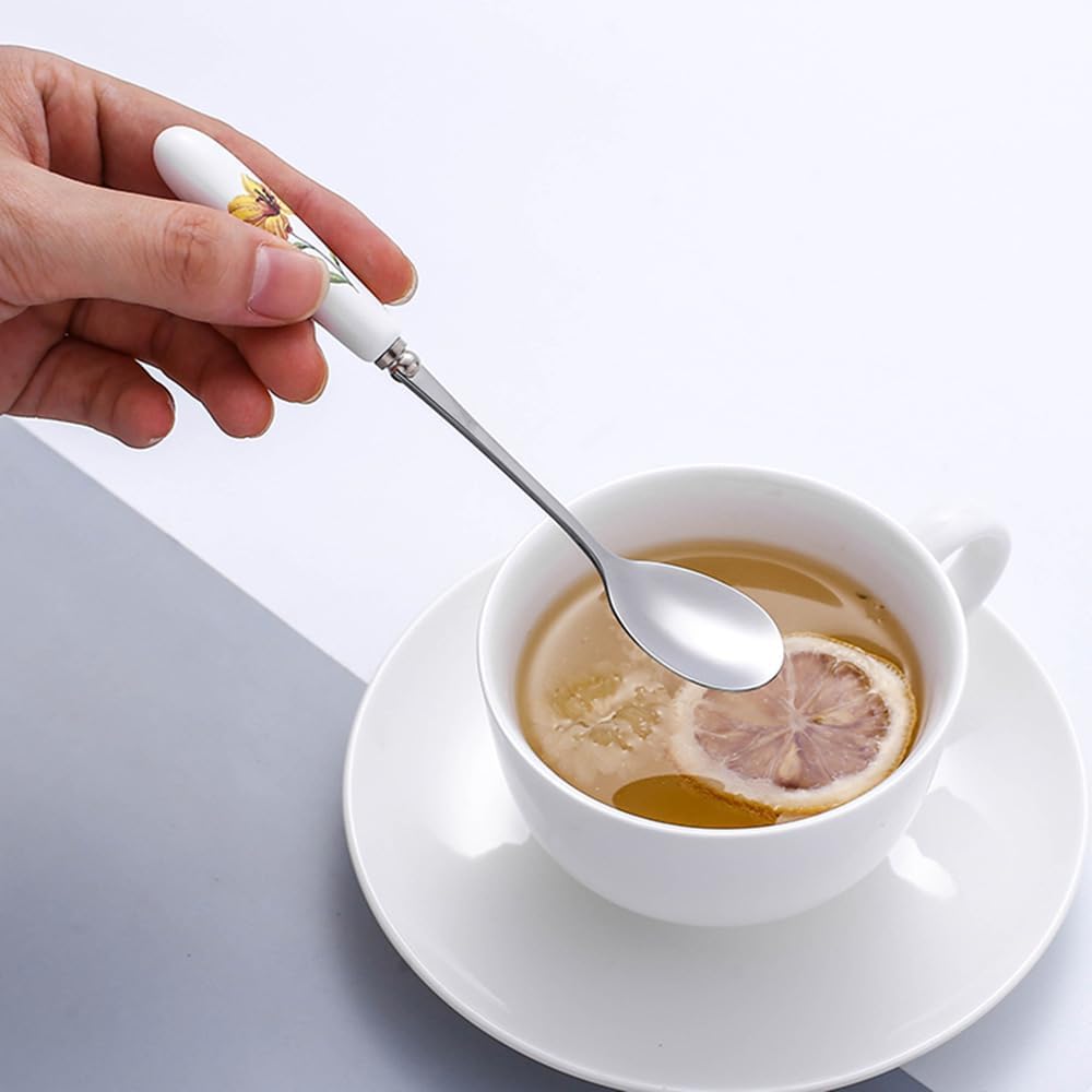 Silverware Flatware Set, 6Pcs Tableware Spoon Fruit Dessert Spoon Ceramic Handle Stainless Steel Tea Spoon Spoon Set Coffee Spoon