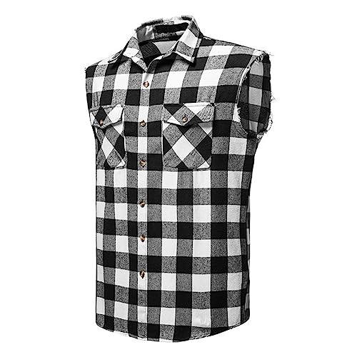 Camisa a cuadros para hombre, sin mangas, camiseta casual de franela con botones, ajuste regular, chaleco sin mangas, camisas de trabajo para bolsillos, chaleco vaquero vintage de ajuste holgado