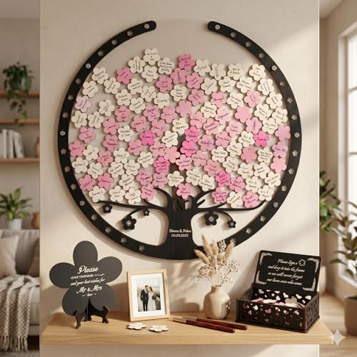 Image of Wedding Guest Book Alternative Wooden Cherry Blossom Tree Drop Chip Sign-In | Personalized rustic sakura heart drop box keepsake for spring weddings, holds 40-250 guest wooden hearts as sign-in decor