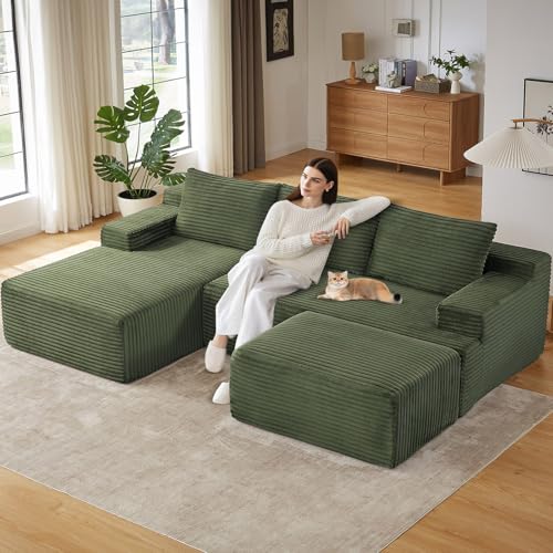 Image of 96.1 inch Modular Sectional Sofa with Ottoman, Modern Corduroy Cloud Couch, Boneless Couch Upholstered 3-Seater U-Shaped Sofa for Living Room, No Assembly (Green, Right-Facing Chaise)